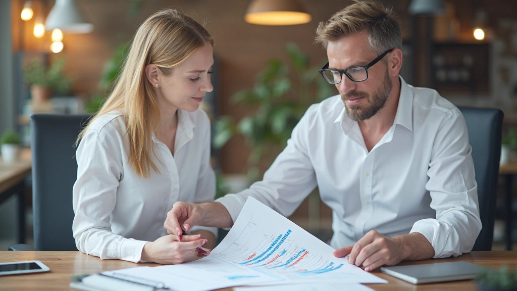 Finansiell rådgivare diskuterar utgiftskontroll med klient vid kontorsbord med grafer