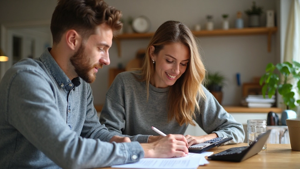Familj som planerar månatlig budget tillsammans vid köksbordet med anteckningsblock och kalkylator