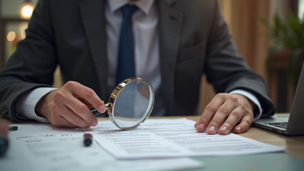 Hyreskontrakt och juridiska dokument på ett skrivbord med förstoringsglas och penna